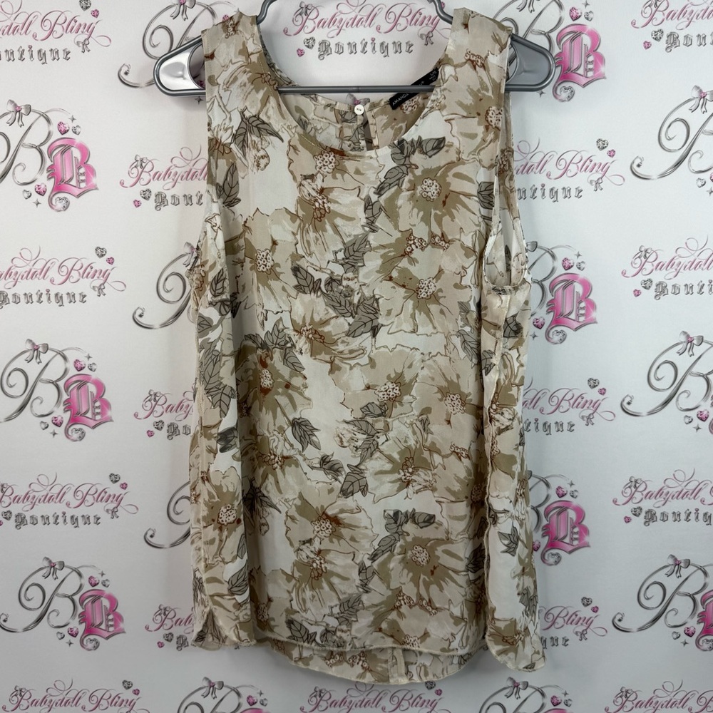 Amanda green tank top flowers abstract brown tan Chic Floral Beige Blouse